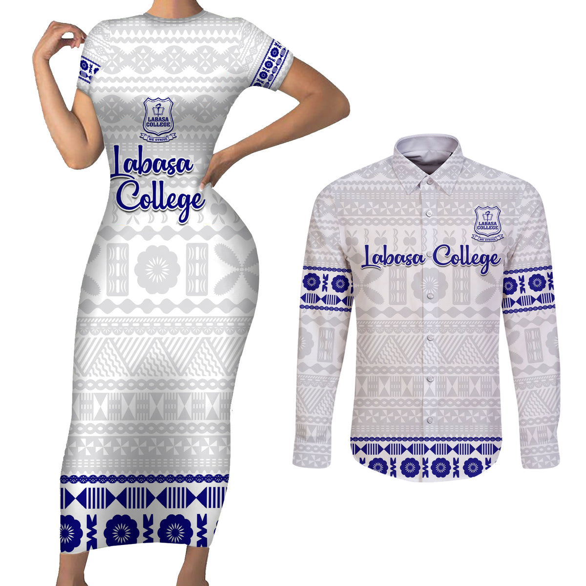 Personalised Fiji Labasa College Couples Matching Short Sleeve Bodycon Dress and Long Sleeve Button Shirt Fijian Tapa Pattern LT14 White - Polynesian Pride