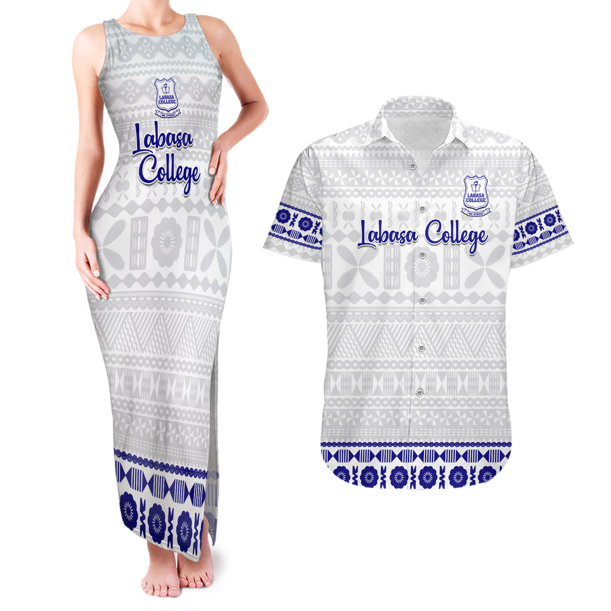 Personalised Fiji Labasa College Couples Matching Tank Maxi Dress and Hawaiian Shirt Fijian Tapa Pattern LT14 White - Polynesian Pride