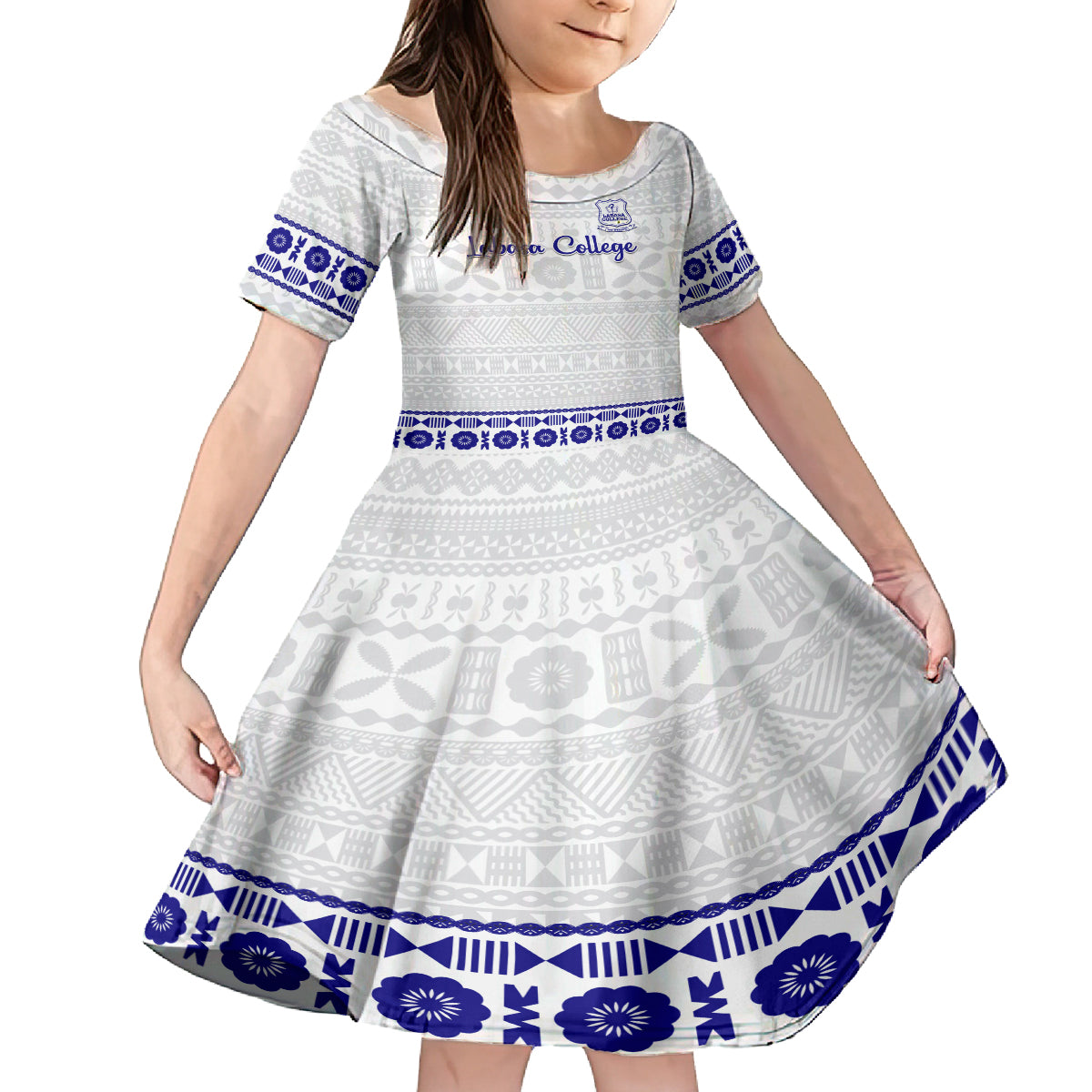 Personalised Fiji Labasa College Family Matching Puletasi Dress and Hawaiian Shirt Fijian Tapa Pattern LT14 Daughter's Dress White - Polynesian Pride