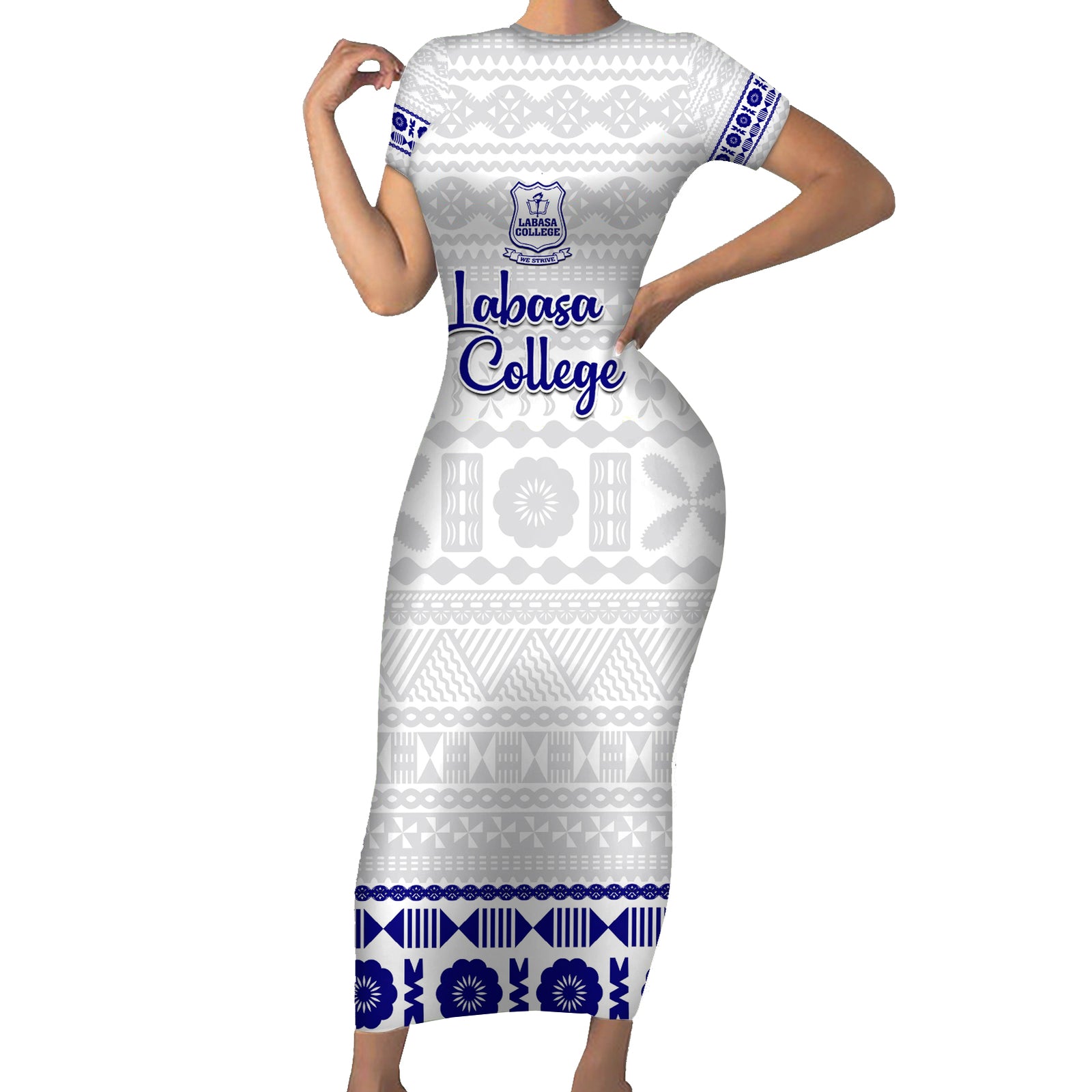 Personalised Fiji Labasa College Short Sleeve Bodycon Dress Fijian Tapa Pattern LT14 Long Dress White - Polynesian Pride