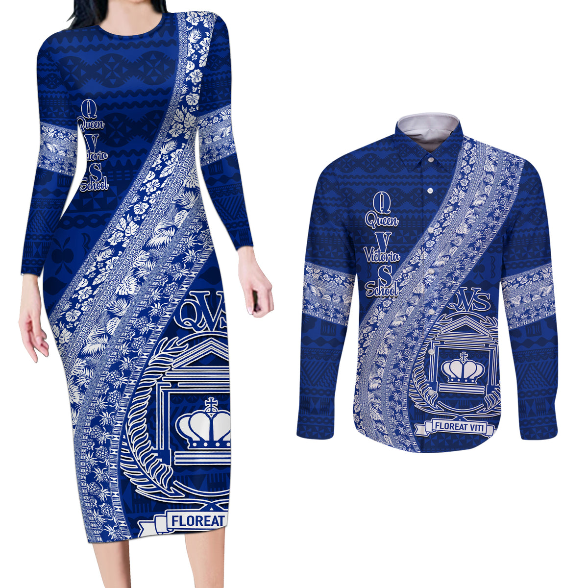 Personalised Fiji Queen Victoria School Couples Matching Long Sleeve Bodycon Dress and Long Sleeve Button Shirt Fijian Tapa Pattern LT14 Blue - Polynesian Pride