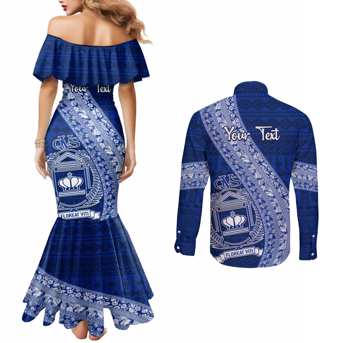Personalised Fiji Queen Victoria School Couples Matching Mermaid Dress and Long Sleeve Button Shirt Fijian Tapa Pattern LT14 - Polynesian Pride