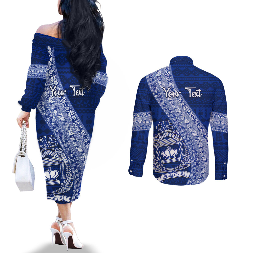 Personalised Fiji Queen Victoria School Couples Matching Off The Shoulder Long Sleeve Dress and Long Sleeve Button Shirt Fijian Tapa Pattern LT14 - Polynesian Pride
