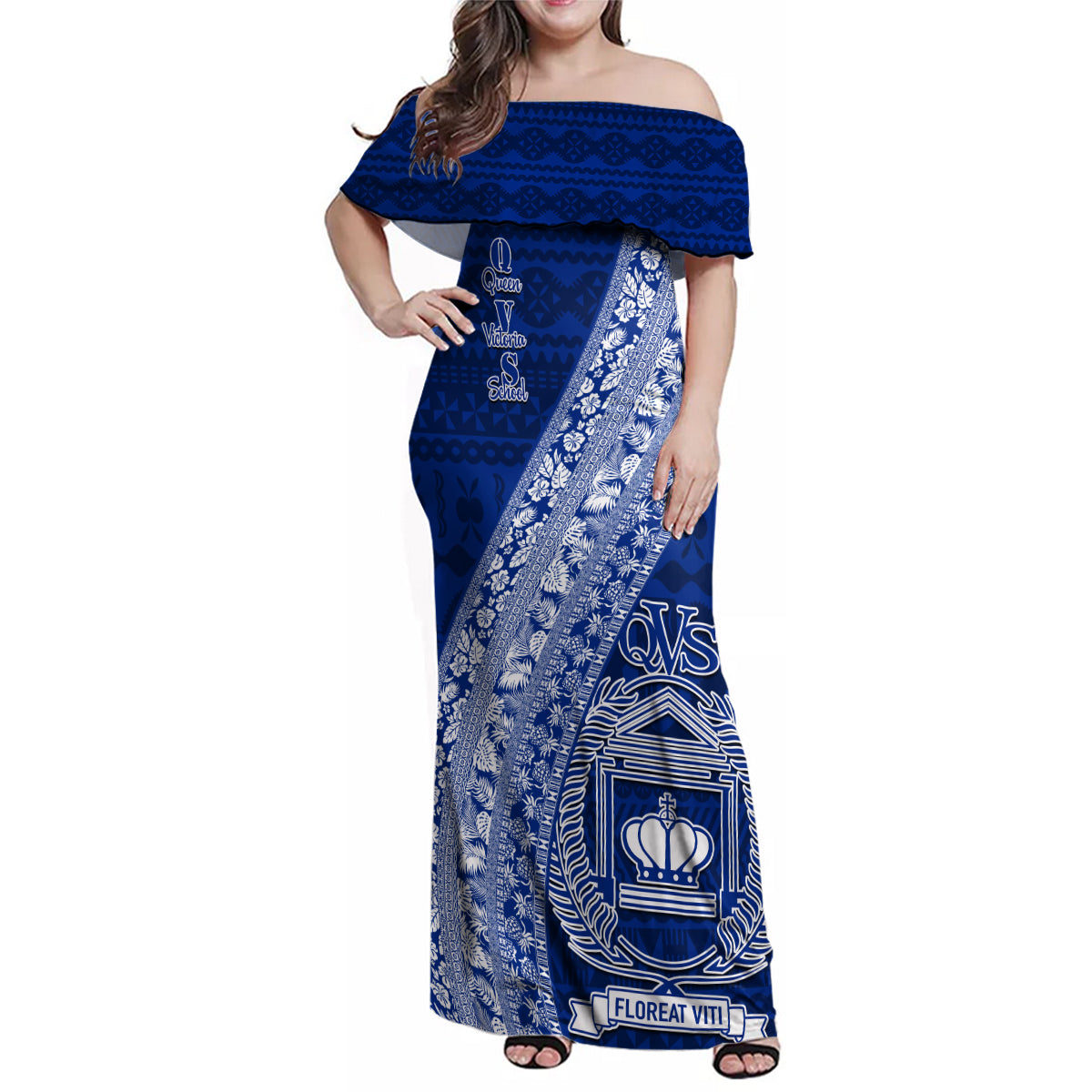 Personalised Fiji Queen Victoria School Family Matching Off Shoulder Maxi Dress and Hawaiian Shirt Fijian Tapa Pattern LT14 Mom's Dress Blue - Polynesian Pride