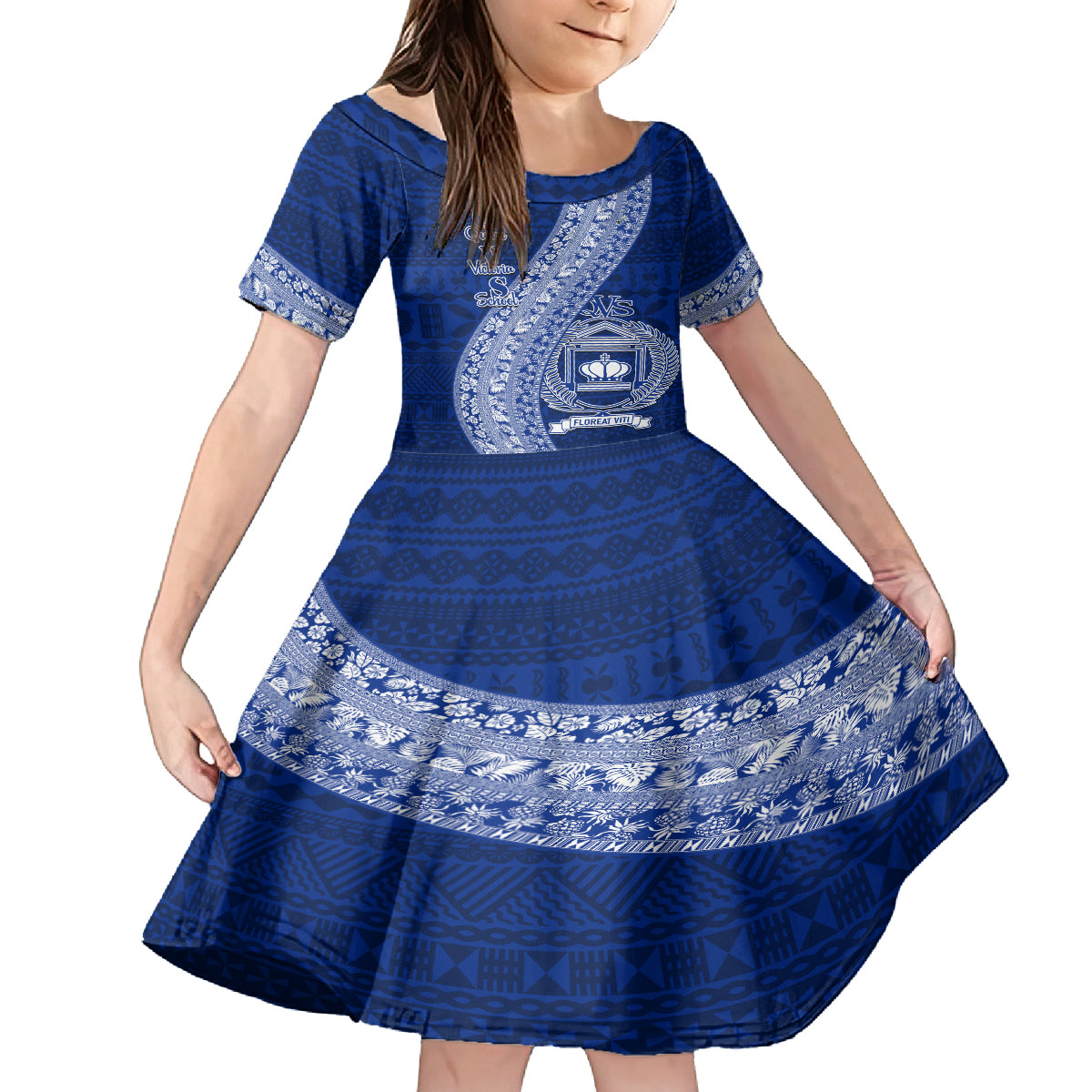 Personalised Fiji Queen Victoria School Family Matching Off Shoulder Short Dress and Hawaiian Shirt Fijian Tapa Pattern LT14 Daughter's Dress Blue - Polynesian Pride