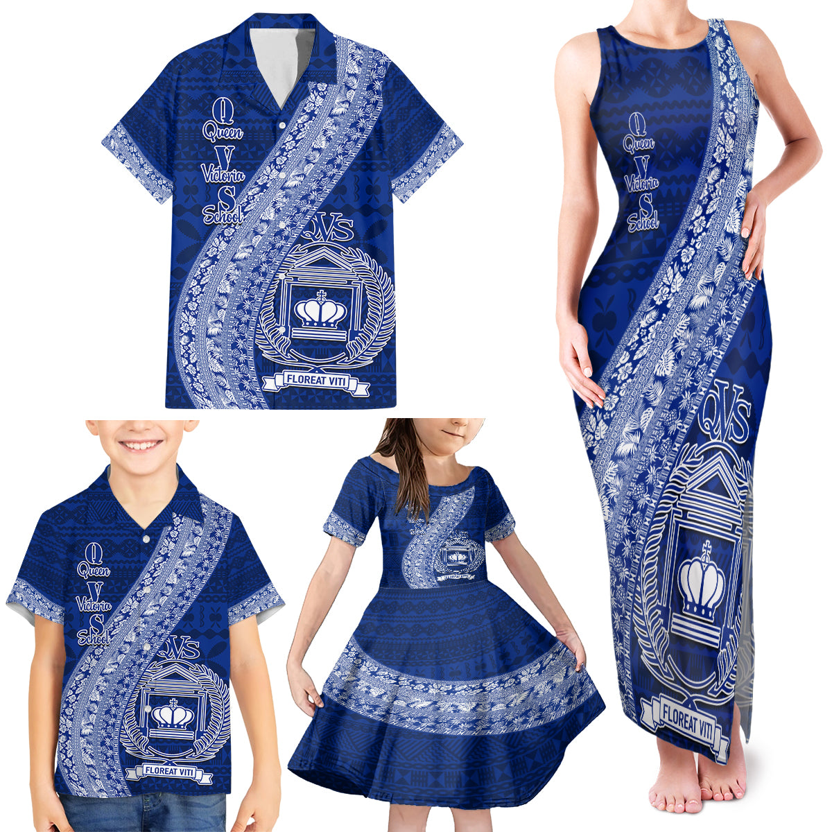 Personalised Fiji Queen Victoria School Family Matching Tank Maxi Dress and Hawaiian Shirt Fijian Tapa Pattern LT14 - Polynesian Pride