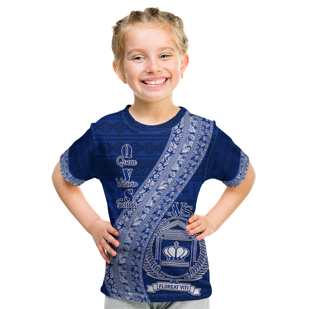Personalised Fiji Queen Victoria School Kid T Shirt Fijian Tapa Pattern LT14 Blue - Polynesian Pride