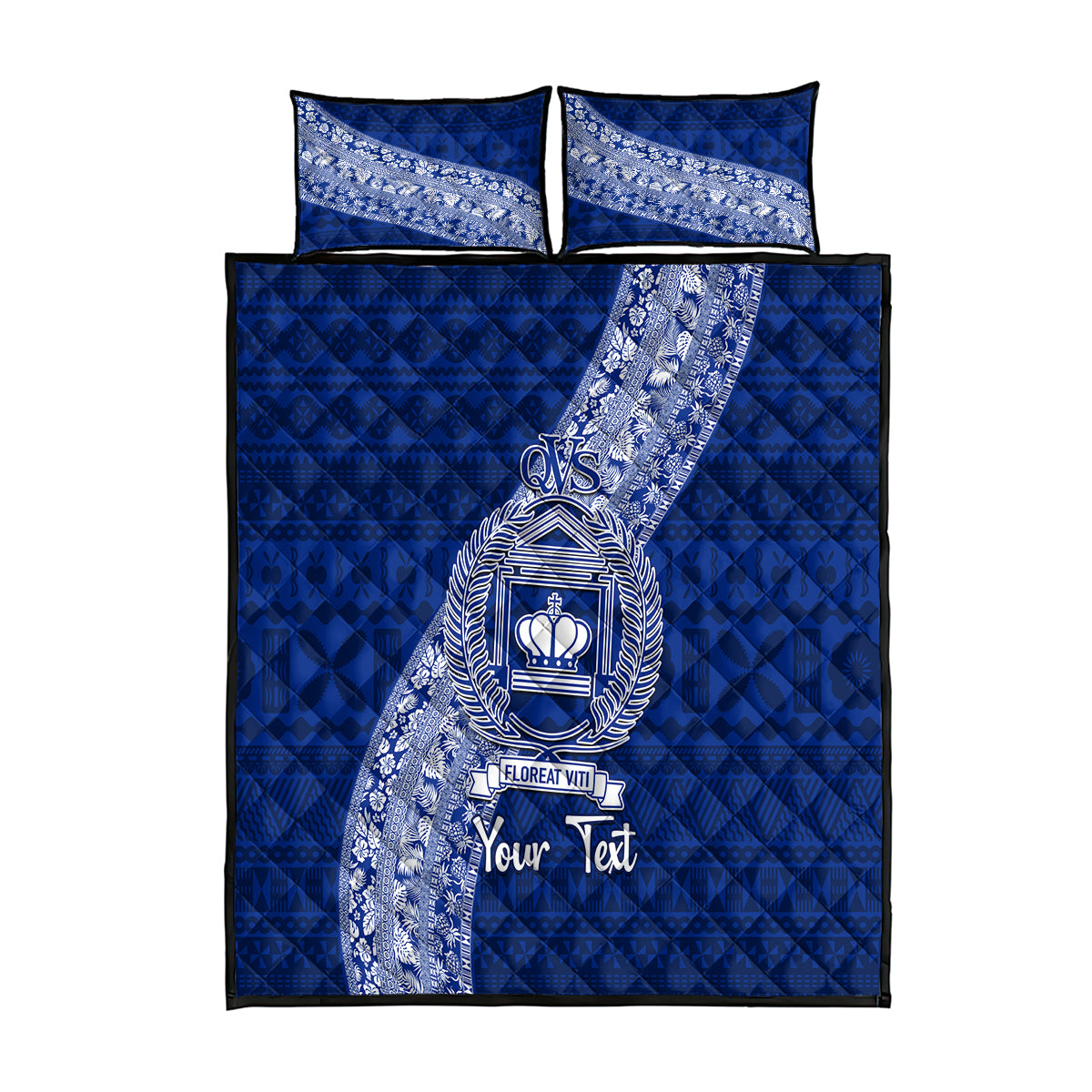 Personalised Fiji Queen Victoria School Quilt Bed Set Fijian Tapa Pattern LT14 Blue - Polynesian Pride