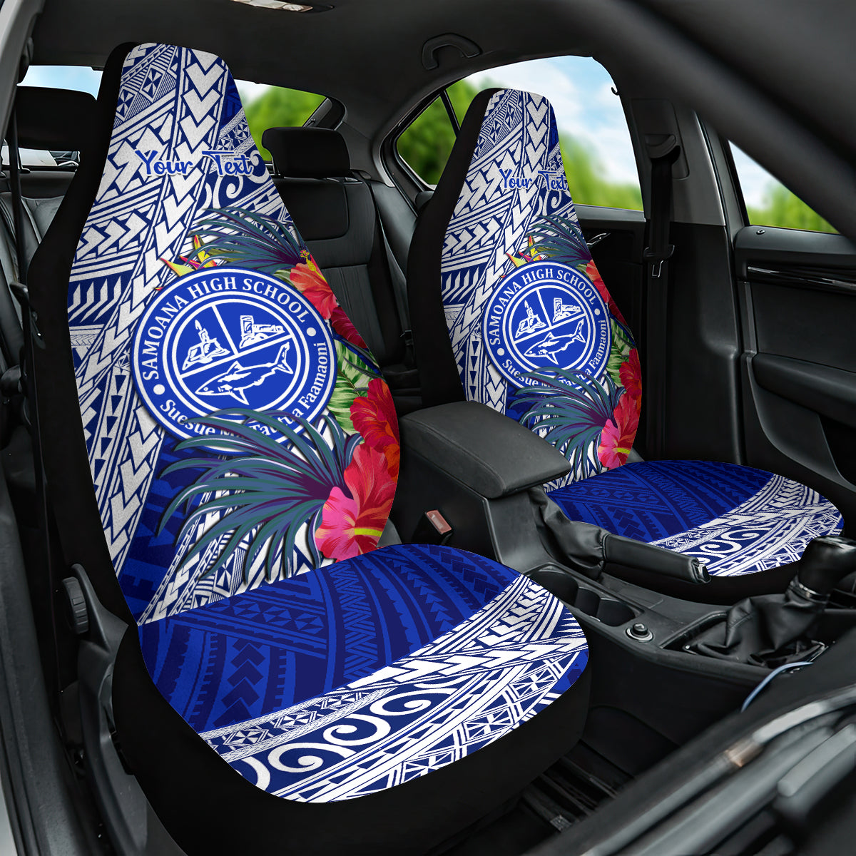 Personalised Samoana High School Car Seat Cover American Samoa Schools Polynesian Tropical Flowers LT14 One Size Blue - Polynesian Pride
