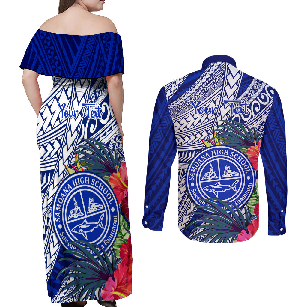 Personalised Samoana High School Couples Matching Off Shoulder Maxi Dress and Long Sleeve Button Shirt American Samoa Schools Polynesian Tropical Flowers LT14 - Polynesian Pride