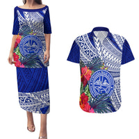 Personalised Samoana High School Couples Matching Puletasi Dress and Hawaiian Shirt American Samoa Schools Polynesian Tropical Flowers LT14 Blue - Polynesian Pride