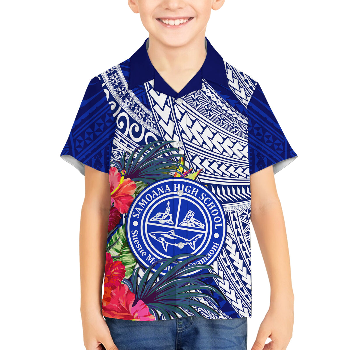 Personalised Samoana High School Family Matching Long Sleeve Bodycon Dress and Hawaiian Shirt American Samoa Schools Polynesian Tropical Flowers LT14 Son's Shirt Blue - Polynesian Pride