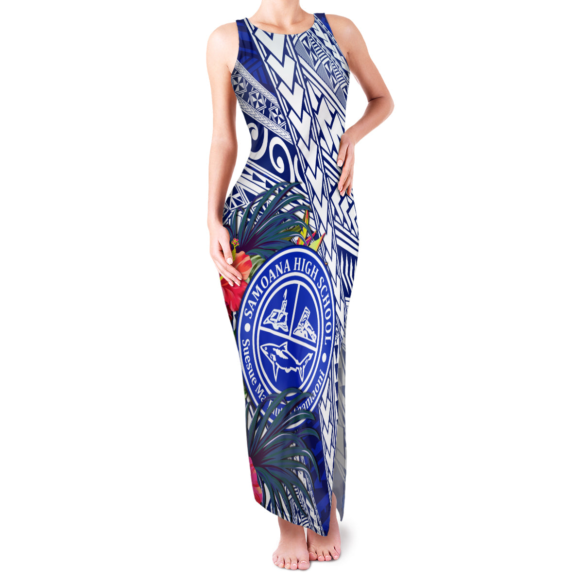 Personalised Samoana High School Family Matching Tank Maxi Dress and Hawaiian Shirt American Samoa Schools Polynesian Tropical Flowers LT14 Mom's Dress Blue - Polynesian Pride