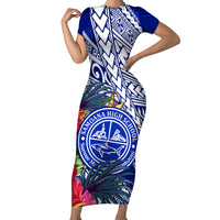 Personalised Samoana High School Short Sleeve Bodycon Dress American Samoa Schools Polynesian Tropical Flowers LT14 Long Dress Blue - Polynesian Pride