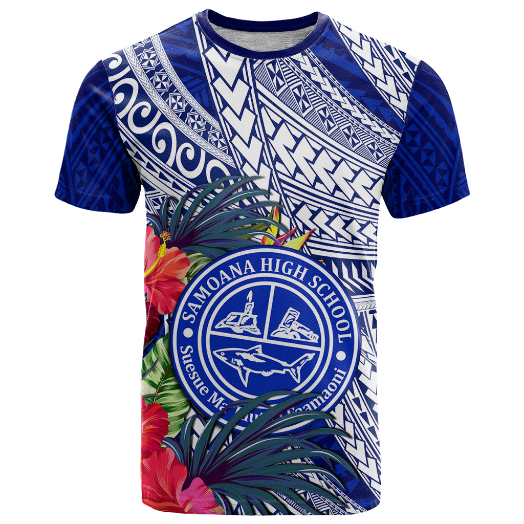Personalised Samoana High School T Shirt American Samoa Schools Polynesian Tropical Flowers LT14 Blue - Polynesian Pride