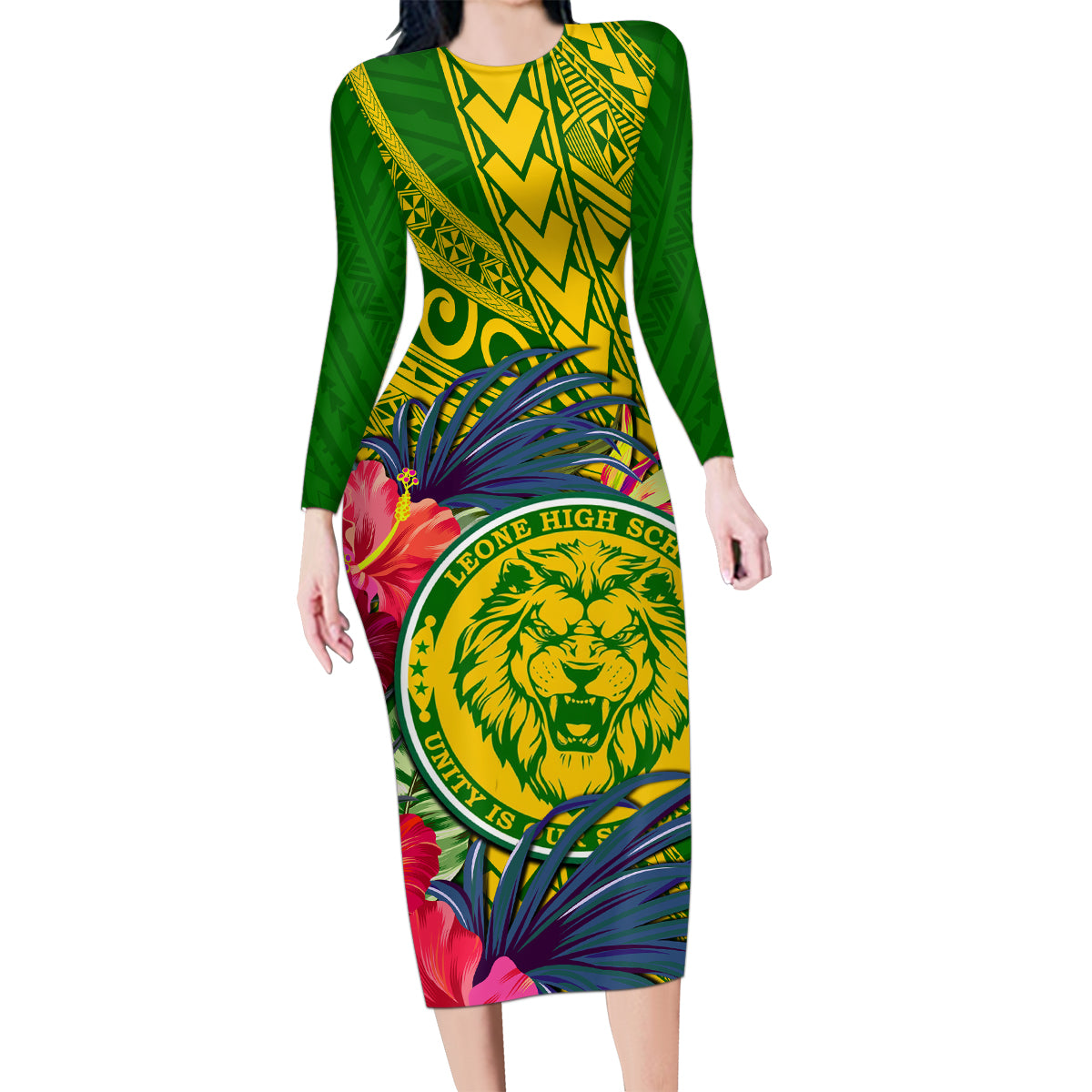Personalised Leone High School Family Matching Long Sleeve Bodycon Dress and Hawaiian Shirt American Samoa Schools Polynesian Tropical Flowers LT14 Mom's Dress Green - Polynesian Pride