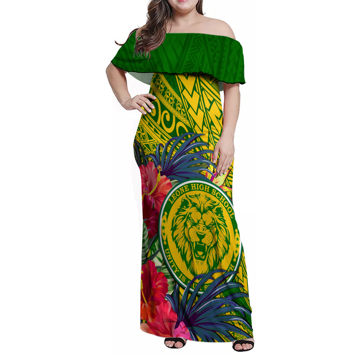 Personalised Leone High School Family Matching Off Shoulder Maxi Dress and Hawaiian Shirt American Samoa Schools Polynesian Tropical Flowers LT14 Mom's Dress Green - Polynesian Pride