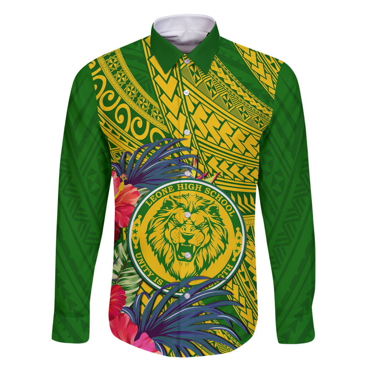 Personalised Leone High School Family Matching Tank Maxi Dress and Hawaiian Shirt American Samoa Schools Polynesian Tropical Flowers LT14 Dad's Shirt - Long Sleeve Green - Polynesian Pride