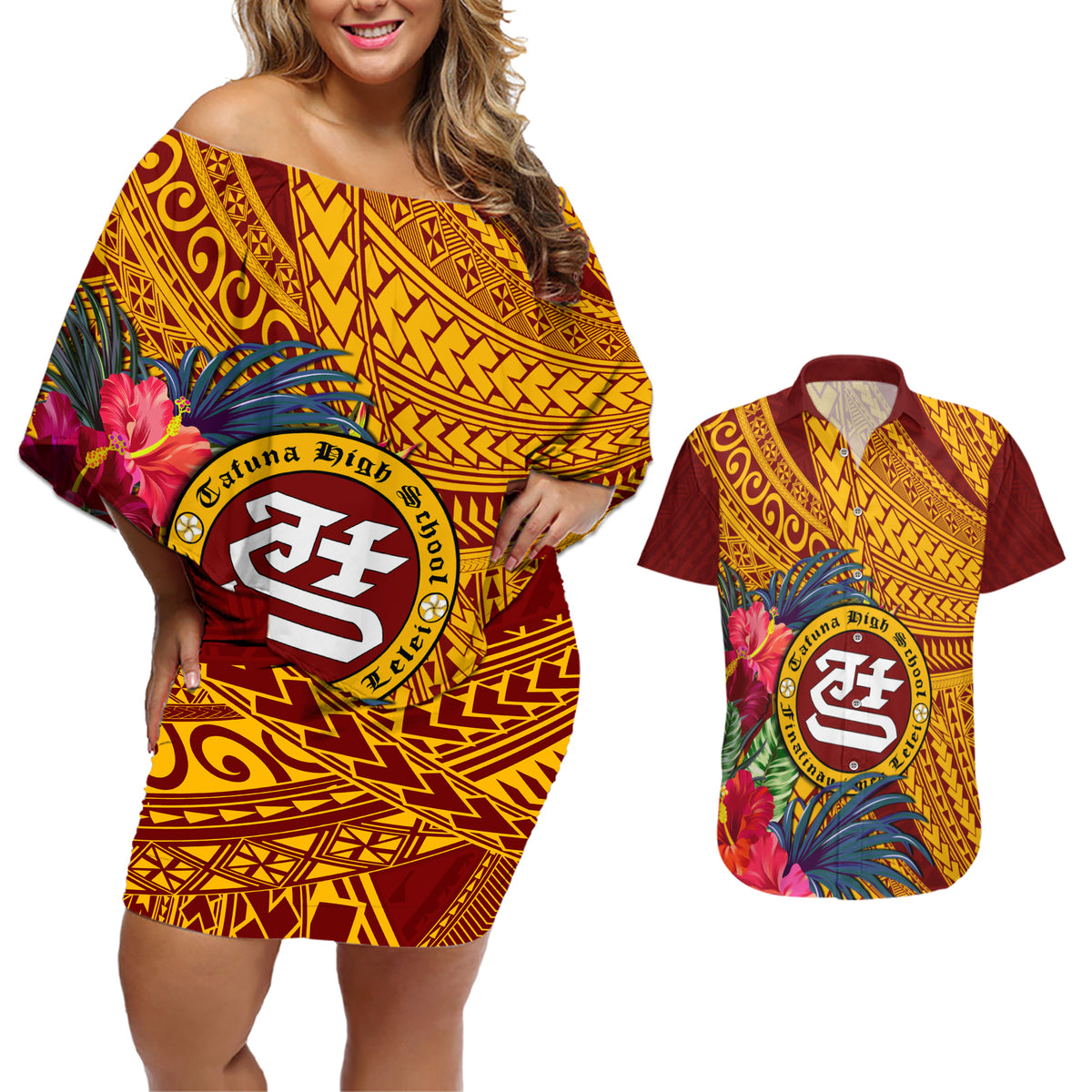 Personalised Tafuna High School Couples Matching Off Shoulder Short Dress and Hawaiian Shirt American Samoa Schools Polynesian Tropical Flowers LT14 Maroon - Polynesian Pride