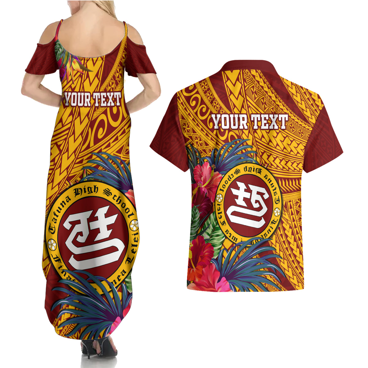 Personalised Tafuna High School Couples Matching Summer Maxi Dress and Hawaiian Shirt American Samoa Schools Polynesian Tropical Flowers LT14 - Polynesian Pride
