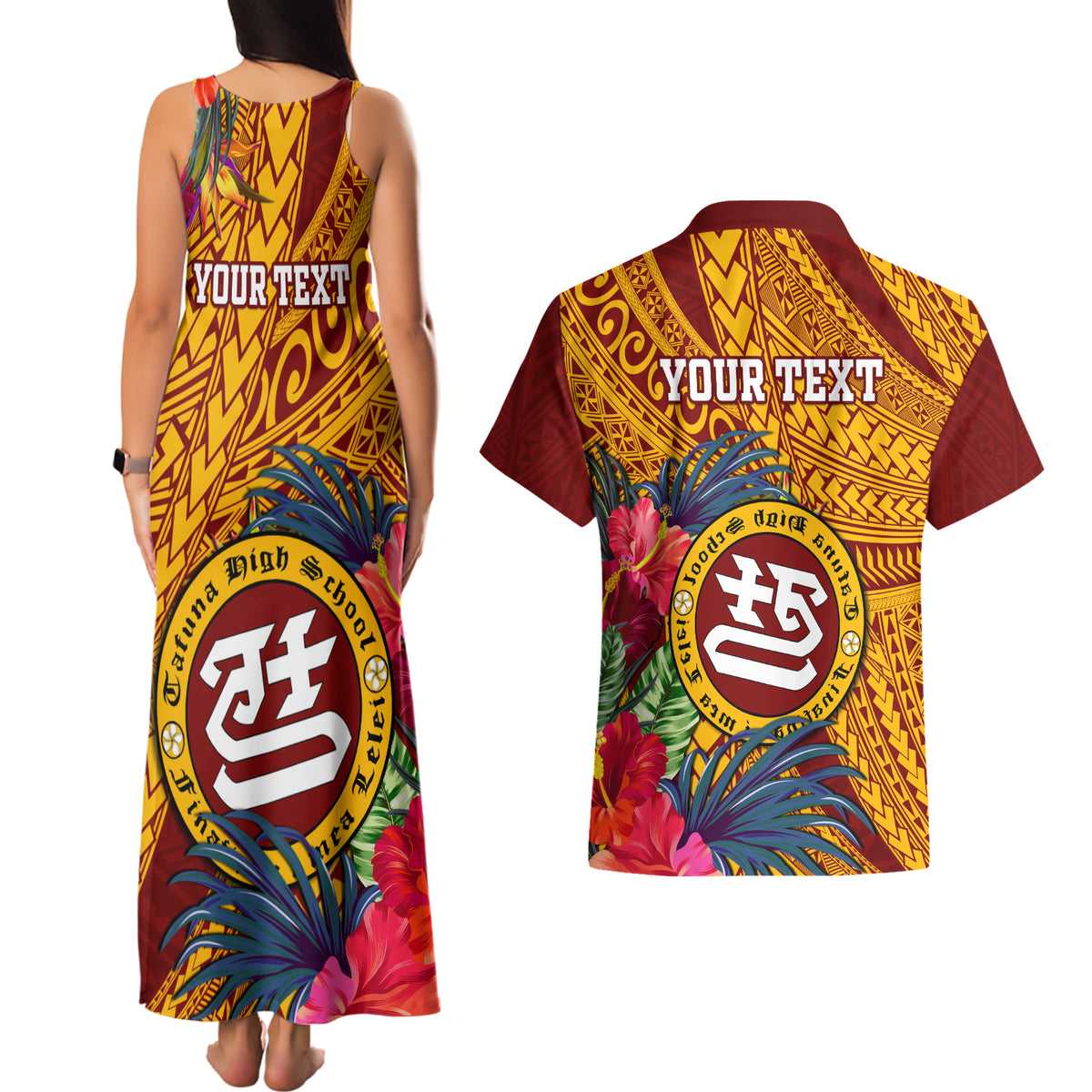 Personalised Tafuna High School Couples Matching Tank Maxi Dress and Hawaiian Shirt American Samoa Schools Polynesian Tropical Flowers LT14 - Polynesian Pride