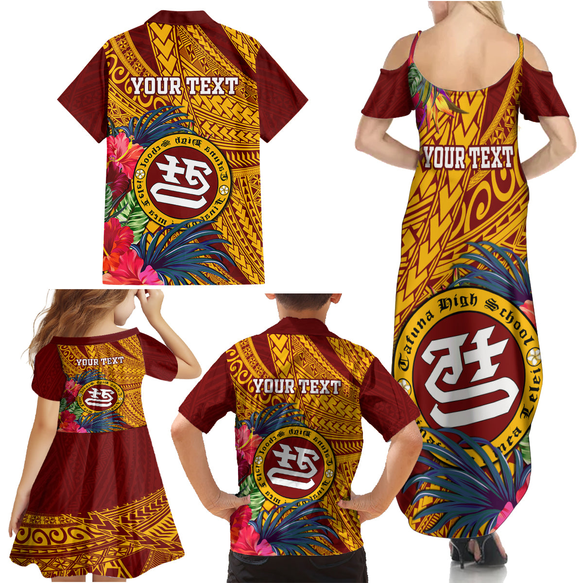 Personalised Tafuna High School Family Matching Summer Maxi Dress and Hawaiian Shirt American Samoa Schools Polynesian Tropical Flowers LT14 - Polynesian Pride