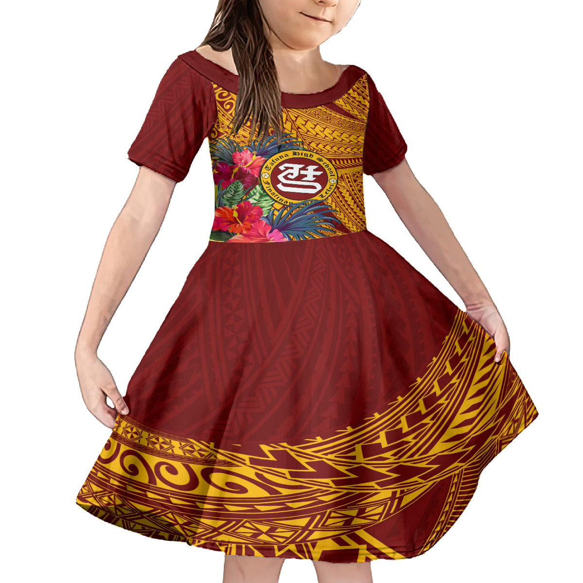 Personalised Tafuna High School Kid Short Sleeve Dress American Samoa Schools Polynesian Tropical Flowers LT14 KID Maroon - Polynesian Pride