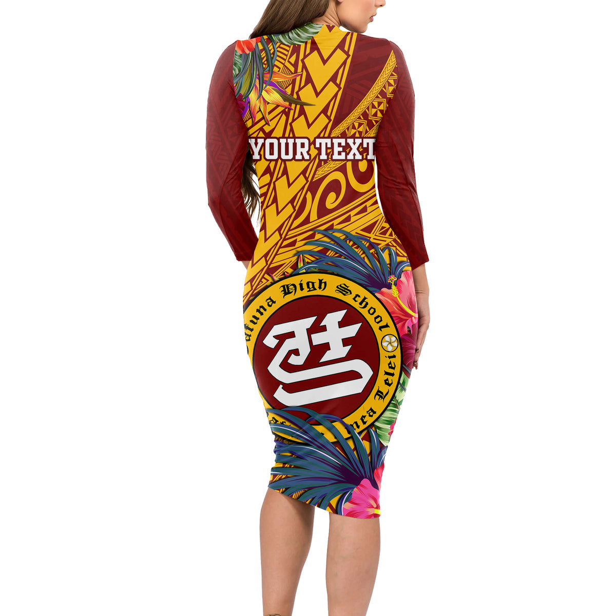 Personalised Tafuna High School Long Sleeve Bodycon Dress American Samoa Schools Polynesian Tropical Flowers LT14 - Polynesian Pride