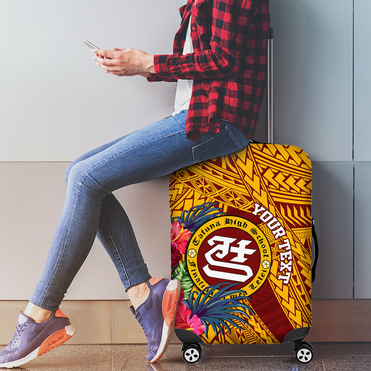 Personalised Tafuna High School Luggage Cover American Samoa Schools Polynesian Tropical Flowers LT14 - Polynesian Pride