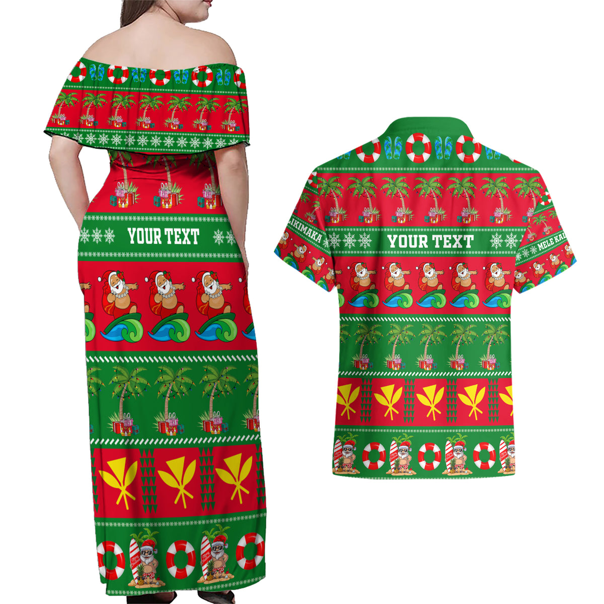 Personalised Hawaii Christmas Couples Matching Off Shoulder Maxi Dress and Hawaiian Shirt Mele Kalikimaka LT14 - Polynesian Pride