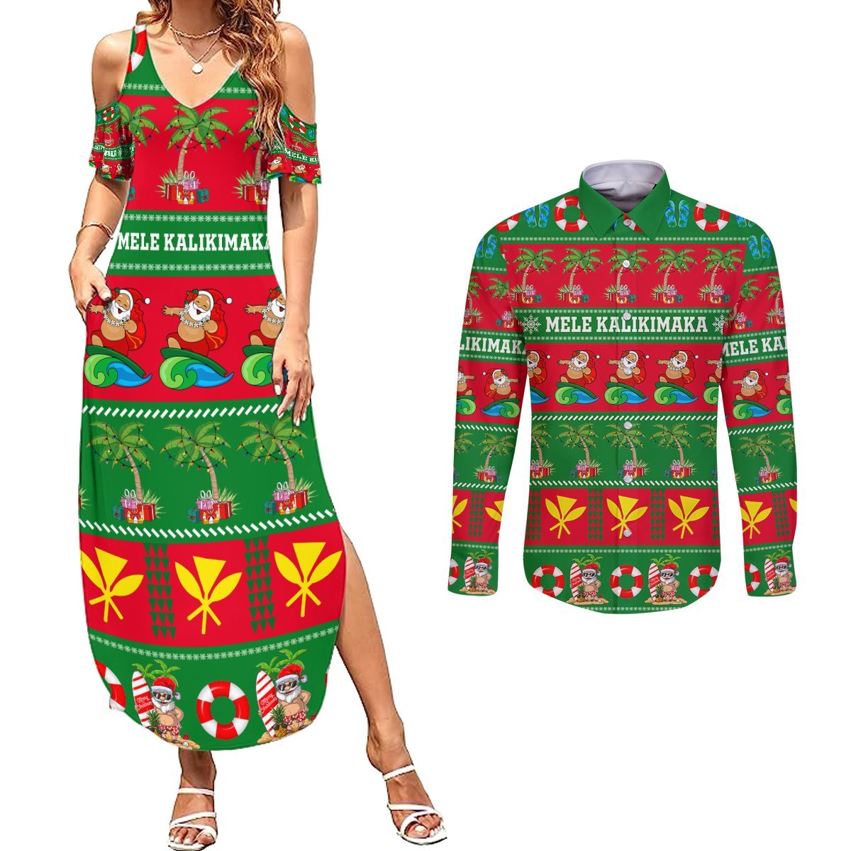 Personalised Hawaii Christmas Couples Matching Summer Maxi Dress and Long Sleeve Button Shirt Mele Kalikimaka LT14 Green - Polynesian Pride