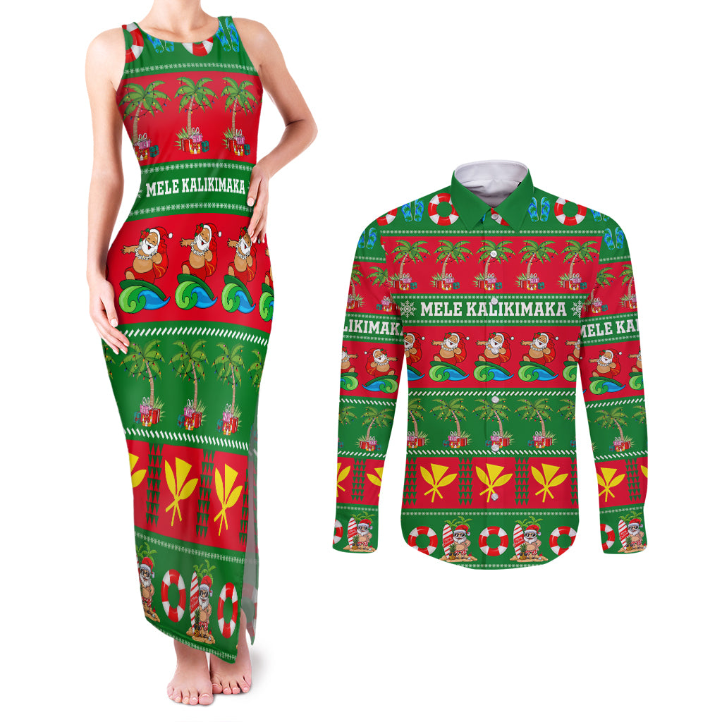 Personalised Hawaii Christmas Couples Matching Tank Maxi Dress and Long Sleeve Button Shirt Mele Kalikimaka LT14 Green - Polynesian Pride
