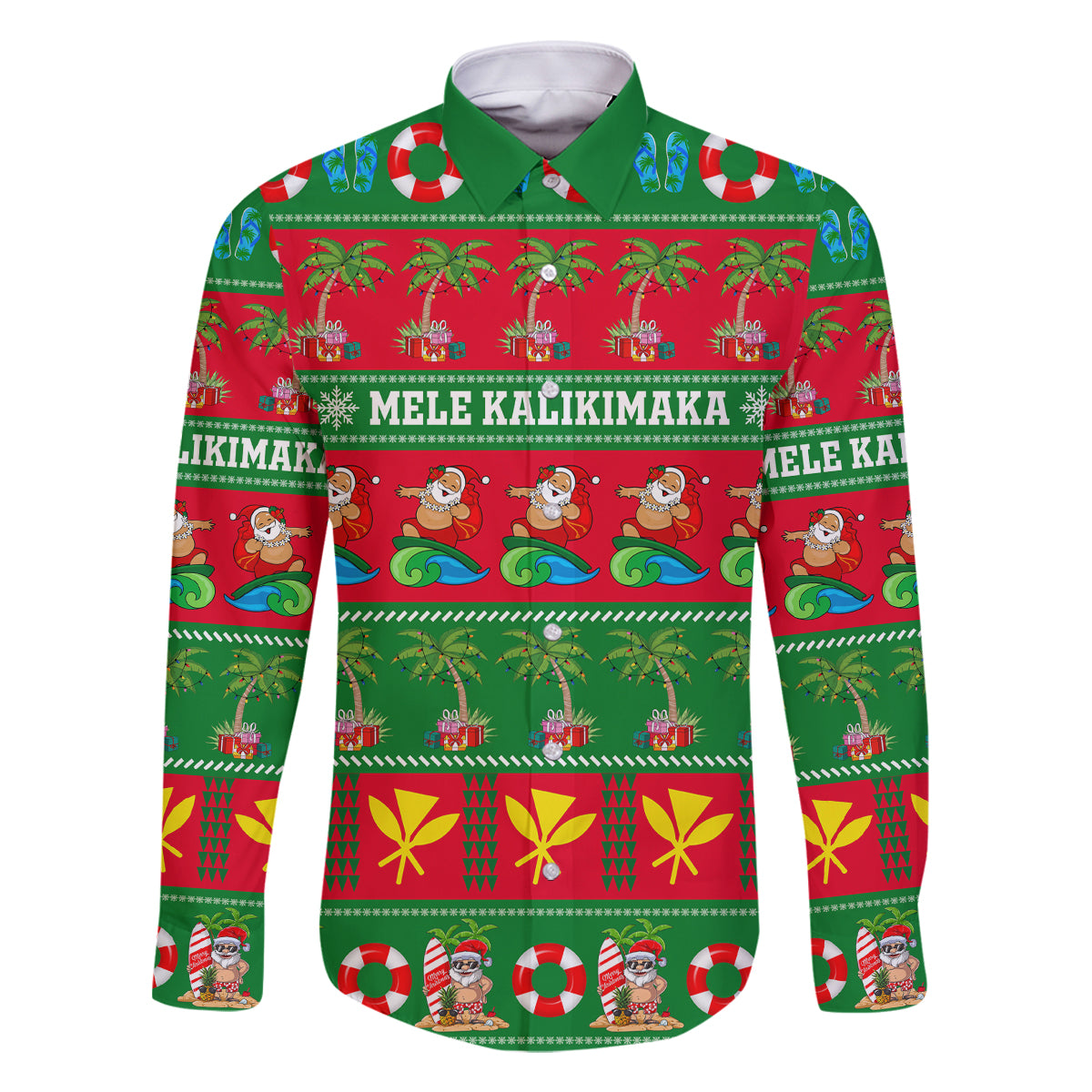 Personalised Hawaii Christmas Family Matching Long Sleeve Bodycon Dress and Hawaiian Shirt Mele Kalikimaka LT14 Dad's Shirt - Long Sleeve Green - Polynesian Pride