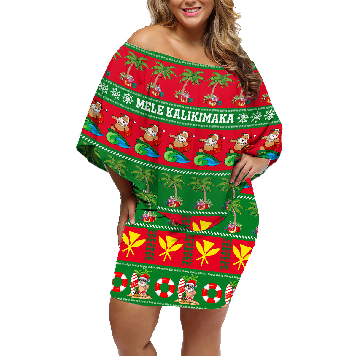 Personalised Hawaii Christmas Family Matching Off Shoulder Short Dress and Hawaiian Shirt Mele Kalikimaka LT14 Mom's Dress Green - Polynesian Pride