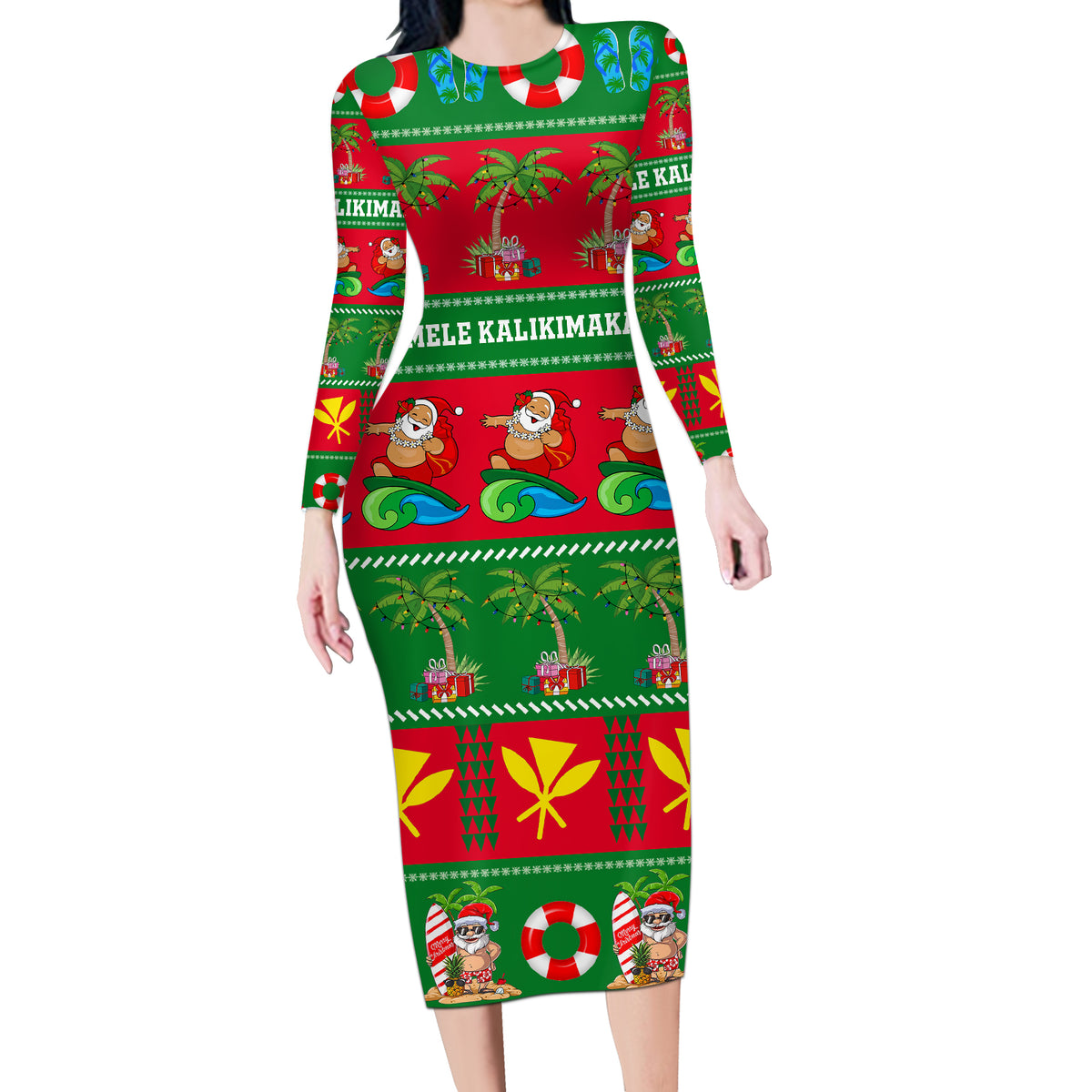 Personalised Hawaii Christmas Long Sleeve Bodycon Dress Mele Kalikimaka LT14 Long Dress Green - Polynesian Pride