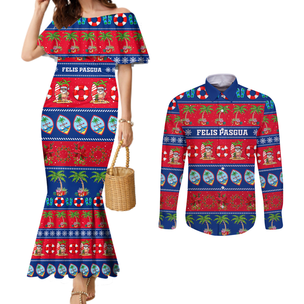 Personalised Guam Christmas Couples Matching Mermaid Dress and Long Sleeve Button Shirt Felis Pasgua LT14 Blue - Polynesian Pride
