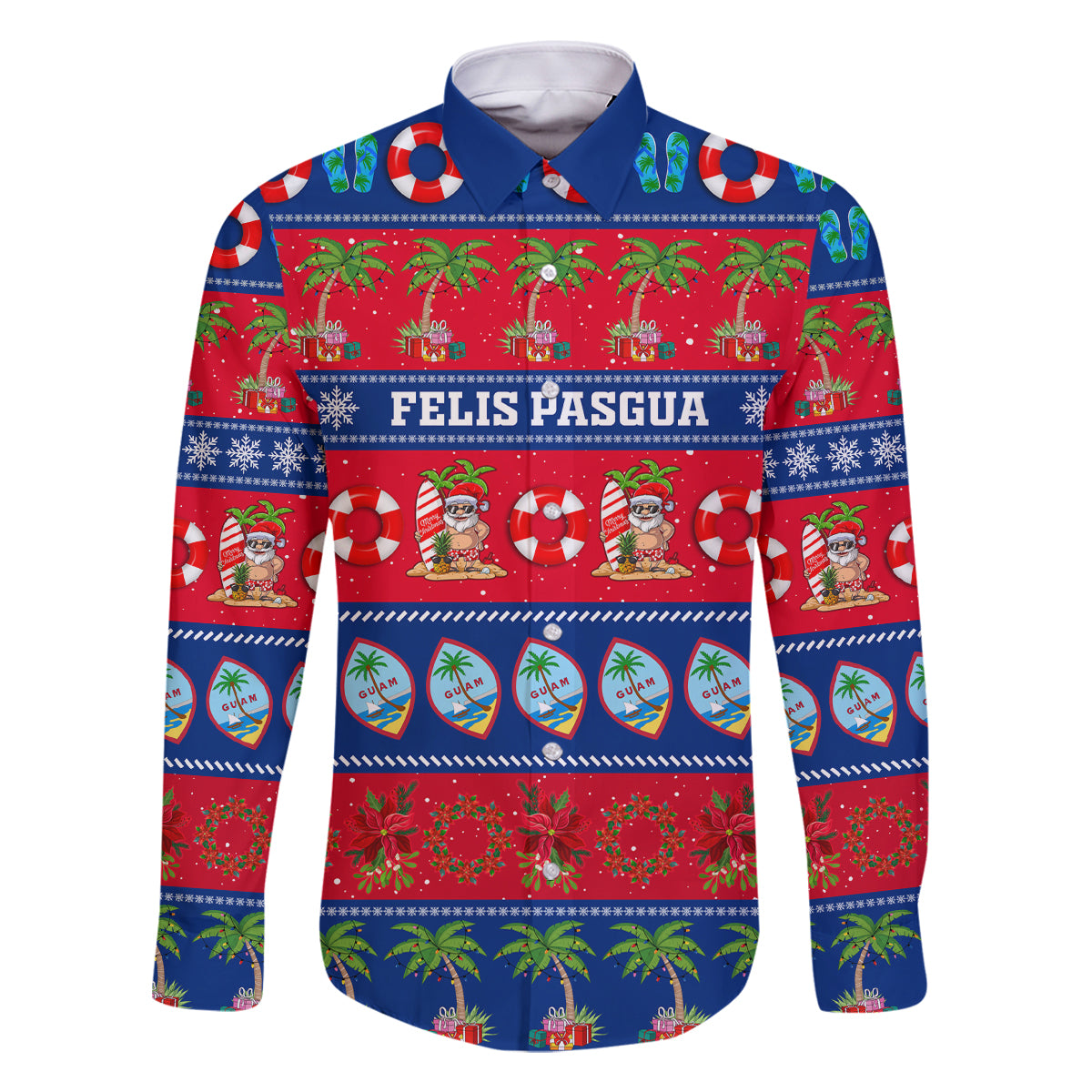 Personalised Guam Christmas Family Matching Off Shoulder Maxi Dress and Hawaiian Shirt Felis Pasgua LT14 Dad's Shirt - Long Sleeve Blue - Polynesian Pride