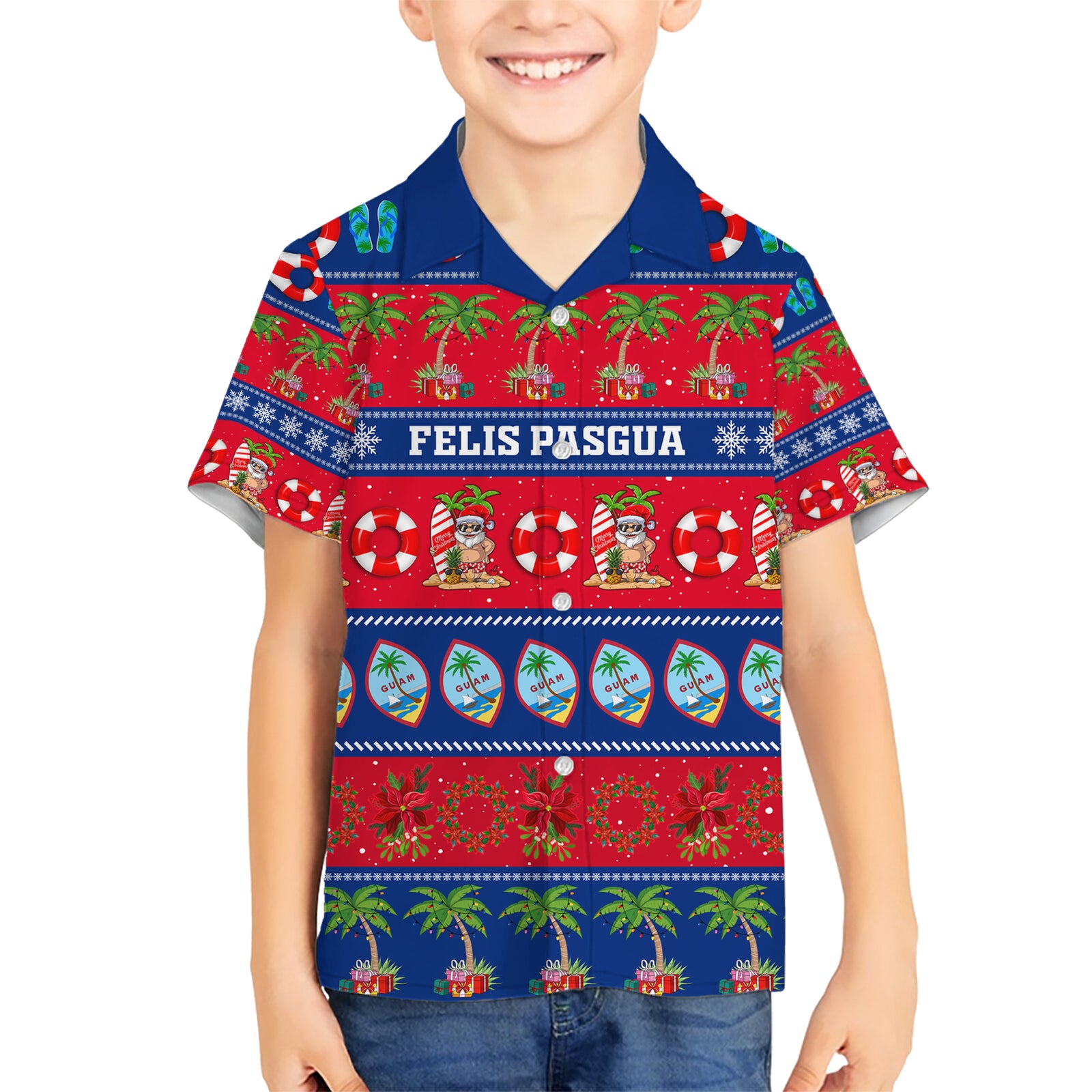 Personalised Guam Christmas Kid Hawaiian Shirt Felis Pasgua LT14 Kid Blue - Polynesian Pride