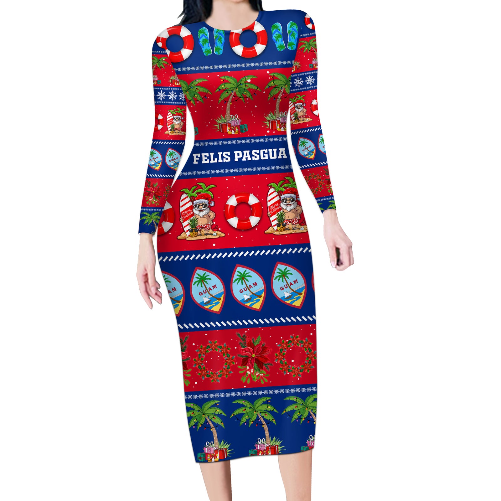 Personalised Guam Christmas Long Sleeve Bodycon Dress Felis Pasgua LT14 Long Dress Blue - Polynesian Pride