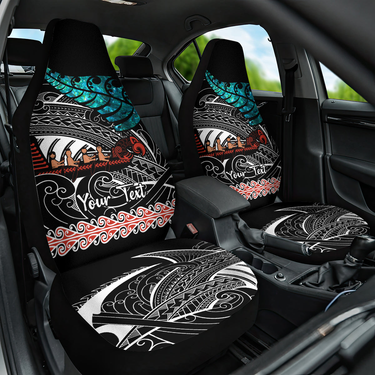 Personalised New Zealand Waka Car Seat Cover Aotearoa Maori Silver Fern Pattern LT14 One Size Black - Polynesian Pride