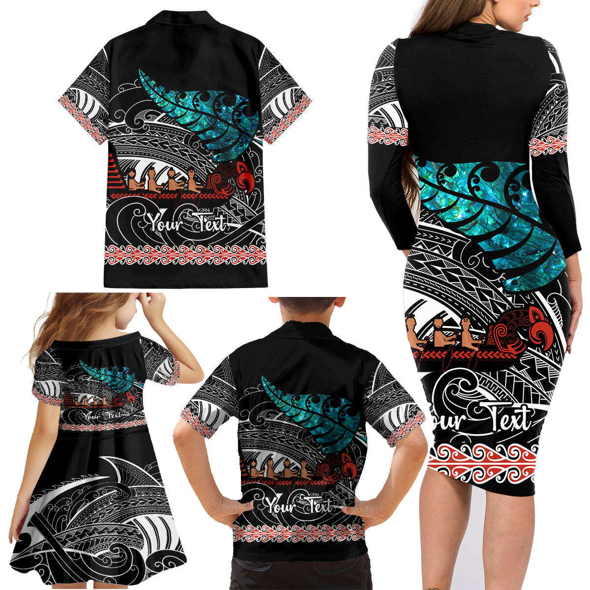 Personalised New Zealand Waka Family Matching Long Sleeve Bodycon Dress and Hawaiian Shirt Aotearoa Maori Silver Fern Pattern LT14 - Polynesian Pride
