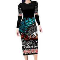 Personalised New Zealand Waka Family Matching Long Sleeve Bodycon Dress and Hawaiian Shirt Aotearoa Maori Silver Fern Pattern LT14 Mom's Dress Black - Polynesian Pride