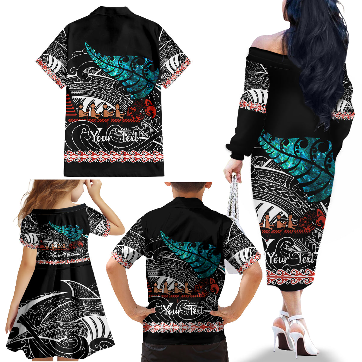 Personalised New Zealand Waka Family Matching Off Shoulder Long Sleeve Dress and Hawaiian Shirt Aotearoa Maori Silver Fern Pattern LT14 - Polynesian Pride