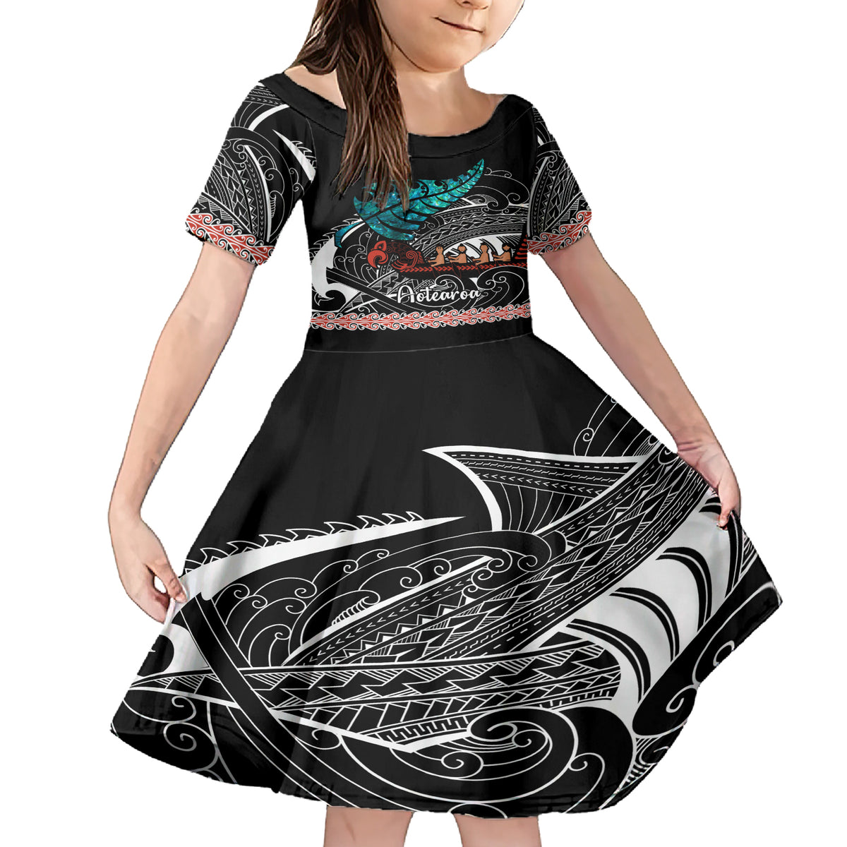 Personalised New Zealand Waka Family Matching Short Sleeve Bodycon Dress and Hawaiian Shirt Aotearoa Maori Silver Fern Pattern LT14 Daughter's Dress Black - Polynesian Pride