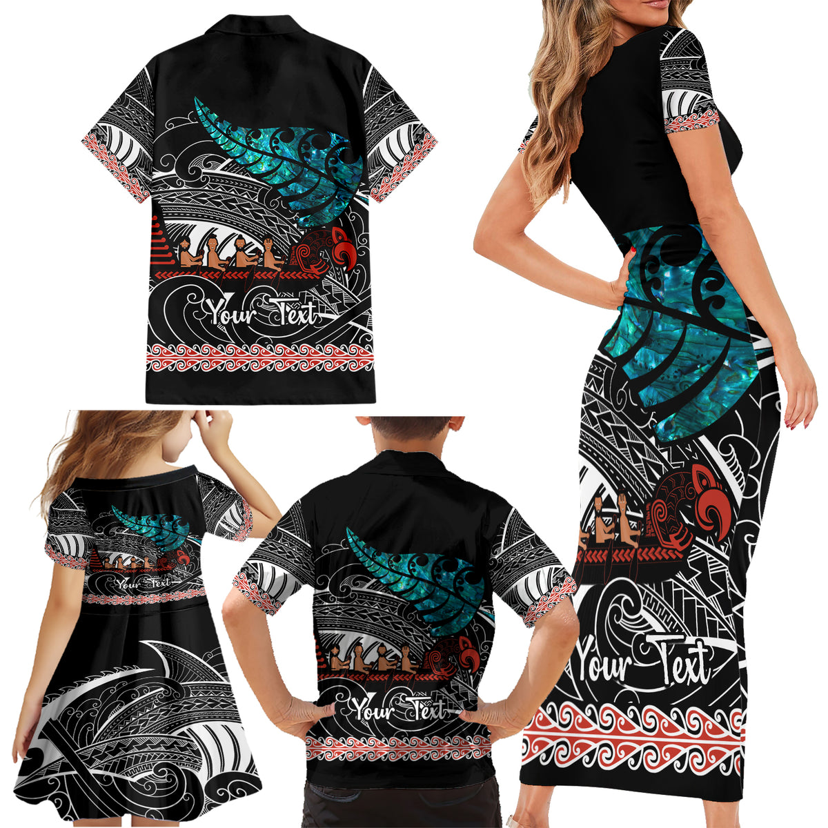 Personalised New Zealand Waka Family Matching Short Sleeve Bodycon Dress and Hawaiian Shirt Aotearoa Maori Silver Fern Pattern LT14 - Polynesian Pride