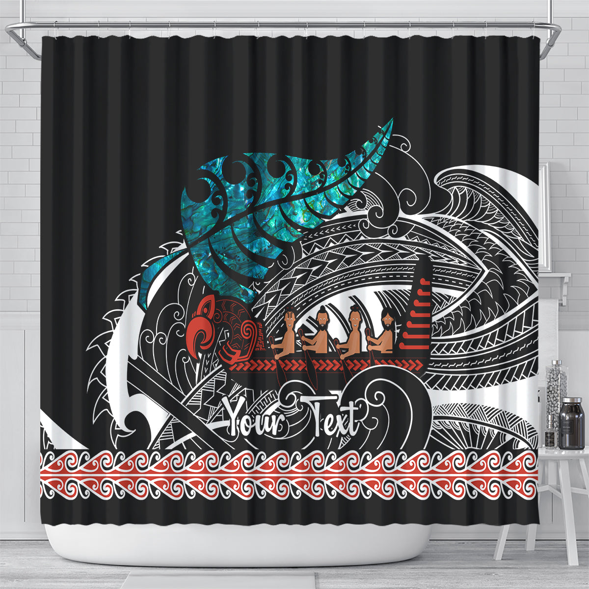 Personalised New Zealand Waka Shower Curtain Aotearoa Maori Silver Fern Pattern LT14 - Polynesian Pride