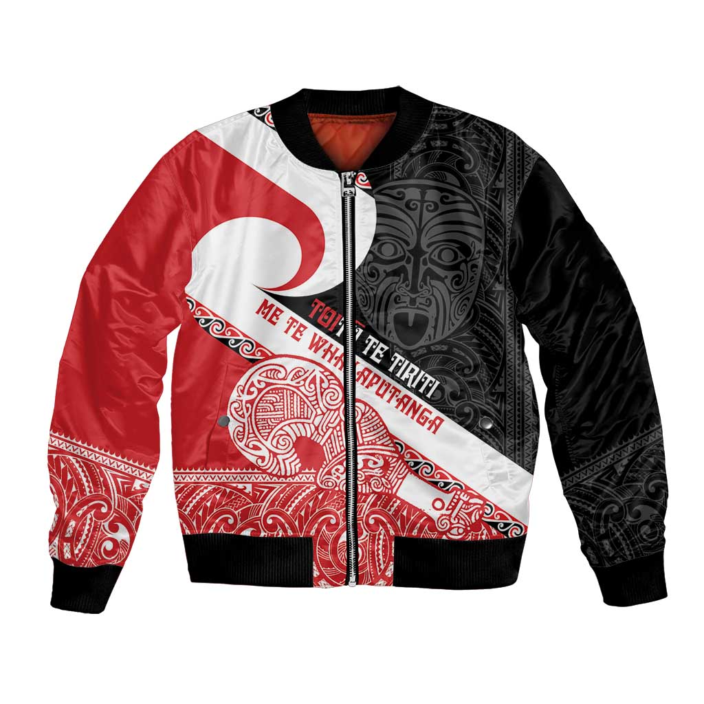 Toitu Te Tiriti Me Te Whakaputanga Bomber Jacket Maori Wahaika With Haka Face LT14 Unisex Red - Polynesian Pride