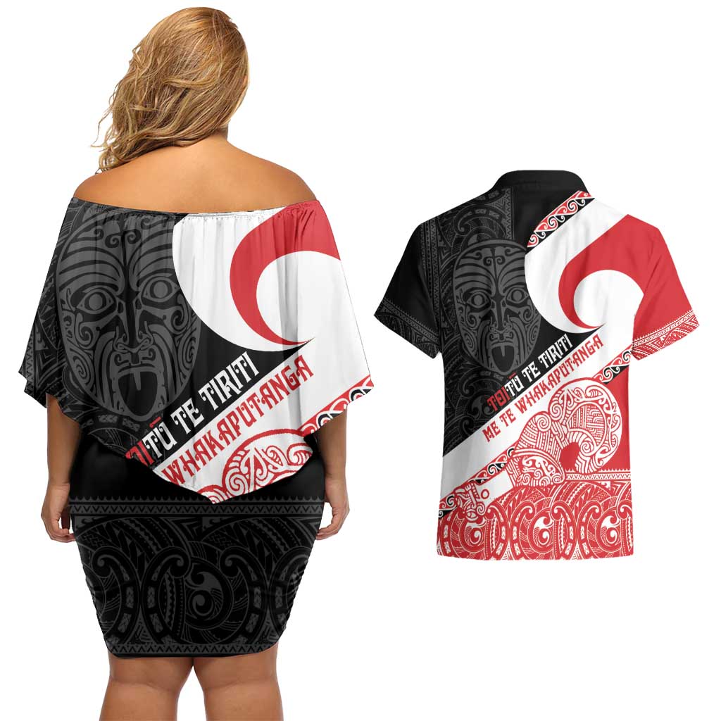 Toitu Te Tiriti Me Te Whakaputanga Couples Matching Off Shoulder Short Dress and Hawaiian Shirt Maori Wahaika With Haka Face