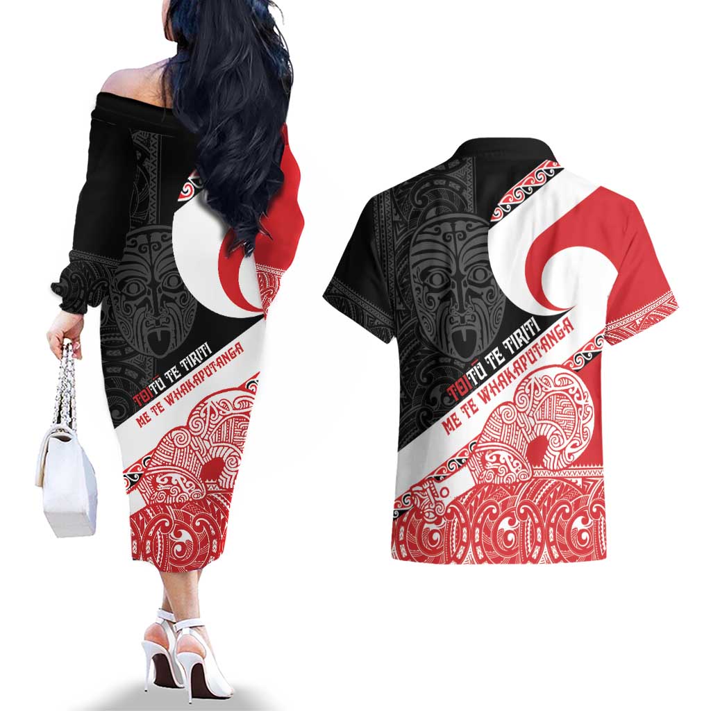 Toitu Te Tiriti Me Te Whakaputanga Couples Matching Off The Shoulder Long Sleeve Dress and Hawaiian Shirt Maori Wahaika With Haka Face