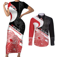 Toitu Te Tiriti Me Te Whakaputanga Couples Matching Short Sleeve Bodycon Dress and Long Sleeve Button Shirt Maori Wahaika With Haka Face